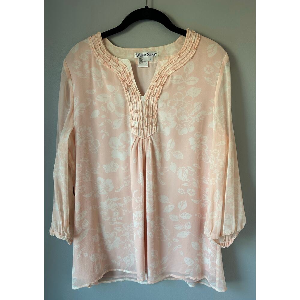Winter Silks Women’s Large 100% Silk Floral Ruffled  Neck Blouse